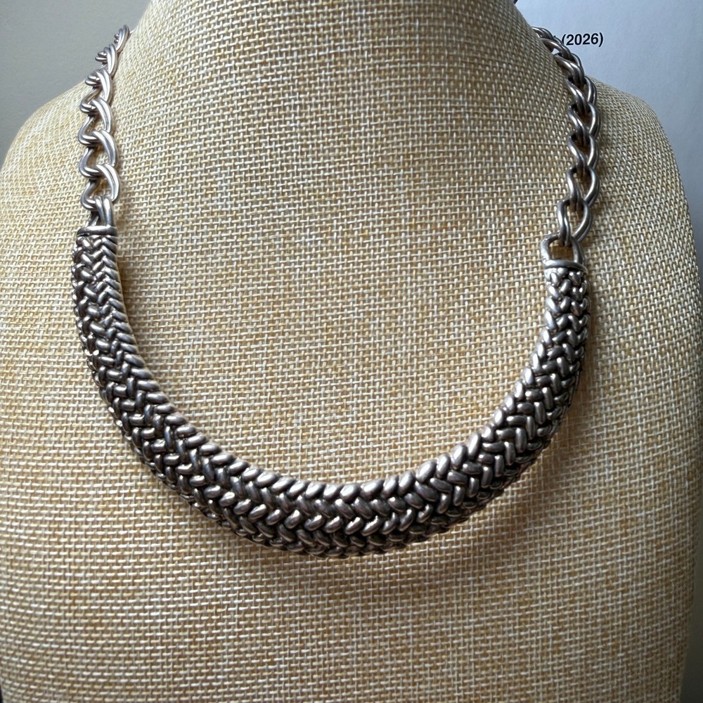 Boho Statement Sculptural Chunky Silver Tone Woven Bib‎ Necklace
